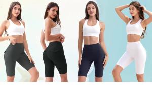 Women High Waist Biker Shorts with Side Pocket Stretch Tummy Control Squat Proof Yoga Compression Workout Running Knee Length S