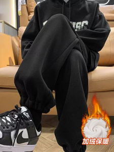 กางเกงวอร์มผู้หญิงหนาและอบอุ่นสำหรับฤดูใบไม้ร่วงและฤดูหนาว กางเกงขายาวทรงหลวมสบาย ๆ สำหรับผู้หญิงไซส์ใหญ่ กางเกงขายาวทรงสปอร์ตแบบมีซิป