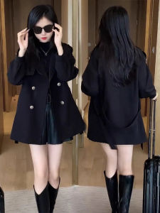 เสื้อแจ็คเก็ตผู้หญิง 2025 ฤดูใบไม้ผลิ ฤดูใบไม้ร่วง ฤดูหนาว สไตล์เกาหลี หนา ยาวปานกลาง สีดำ ขนาดเล็ก แจ็คเก็ตผ้าฝ้ายผสม