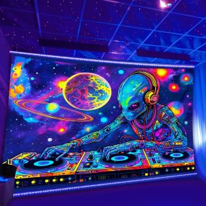 VIKAMA Alien DJ Space Neon Psychedelic Tấm Thảm Sống Động Thẩm Mỹ Treo Tường Cho Phòng Ngủ Ký Túc Xá Trang Trí Nhà Hình Chữ Nhật Polyester