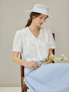 INMAN | Cotton Ear V-Neck Hollow Out Embroidery Blouse