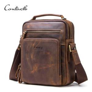 CONTACTS Genuine Leather Vintage Men Shoulder Bag Messenger Bags Male Crossbody Bags Mans Handbag Sling Bag