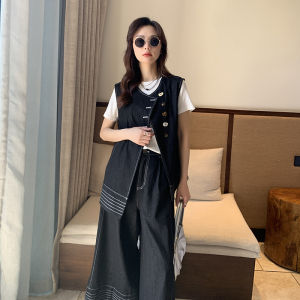 2025 Autumn New Korean Loose Slimming Design Asymmetrical Stitching Vest Wide Leg Pants Two Piece Set Women Fashion Ensemble