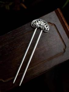 Peony Hairpin 925 Silver Pure Chinese Style Retro Hollow Pattern Hanfu Hairpin U-Shaped Double Hairpin Niche Headwear