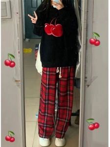 Red Plaid Sporty Casual Pants Womens High Waist Wide Leg Loose Fit Autumn Trendy Hong Kong Style Slimming Straight Leg Trousers