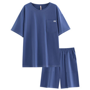 yuenei | ชุดนอนผู้ชายผ้าฝ้ายแท้ แขนสั้น กางเกงขาสั้น ชุดนอนฤดูร้อน ชุดนอนลำลอง แขนสั้น ทรงหลวม ระบายอากาศได้ดี ชุดนอนฤดูร้อน