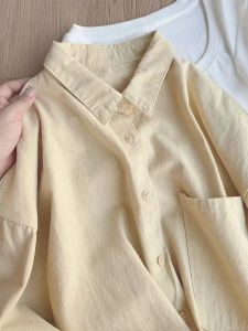 Spring Autumn White Ultra Pure Cotton Loose Shirt Korean Style Commute Long Sleeve Polo Collar Single Button Regular Length