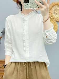 French Artistic Style Long Sleeve Pure Cotton Stand Collar Womens Shirt Breathable Soft Skin-friendly Double Layer Cotton Top