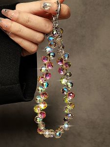 Luxurious Crystal Beads Hand Chain Key Holder Fashionable Short Rope Buckle Shell Mobile Phone Accessories