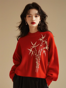 Red New Year Embroidered round Neck Knitted Sweater Casual Vintage Snake Year Womens Top Comfortable Straight Cut Wool Blend
