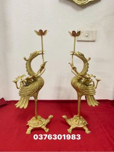 Đôi Hạc ngậm hoa sen chùm bằng đồng nguyên chất cao 47cm
