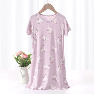 Childrens Modal Sleep Dress Short Sleeve Thin Home Skirt Summer Ice Silk Kids Sleepwear Parent-Child Matching Girls Dress