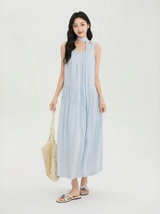 SANFU | Elegant French Design Slanted Drape Waist Knot Shoulder Straps U-Neck Women Dress