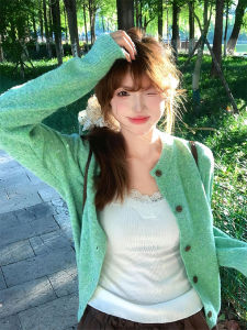 Korean Style Green Knitted Open Cardigan Womens Early Autumn Clothing Miu Series Retro Soft round Neck Jacket Top Ins