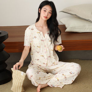 MiiOW | Bộ đồ ngủ lụa băng mùa hè cho nữ MiiOW Áo chui đầu tay ngắn Quần dài rộng rãi Áo chui đầu cổ tròn in họa tiết hoạt hình