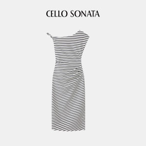 Cello Sonata | Woven Irregular Artificial Silk Ruffles Commuter Off-shoulder Dress