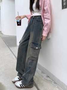 American Retro Cargo Jeans Womens Autumn New Arrival Plus Size High Waist Pocket Stylish Loose Cover Loose Pants