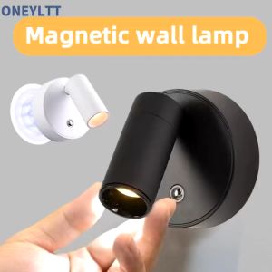LED Bedroom Wall Light USB Rechargeable Black White Magnet Magnetic Base Dimmable With Touch Switch For Bedside Study Reading