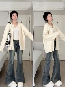 เสื้อคาร์ดิแกนถักแบบหลวมๆ สำหรับผู้หญิง ฤดูใบไม้ผลิและฤดูใบไม้ร่วง เสื้อคลุมกันหนาวแบบหนา ทรงหลวมๆ สไตล์เกาหลี แขนยาว ปกติ