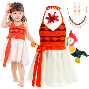 Baby Girl Moana Cosplay Dress Halloween Princess Party Costume Child Girl Sleeveless Lace Print Frock Kids Vaiana Cute Dress