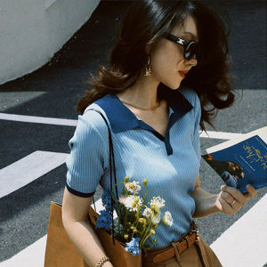 French Style Gentle Contrast Color Lapels Short Sleeve Knitwear Female 2023 Summer Retro Workplace Minimalist Thin Sweater