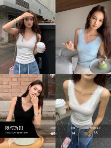 Slim Fit Lace Trim V-Neck Knitted Tank Top Sleeveless Strap Design Outerwear for Women Commute Style Summer Collection