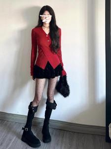 HUOLISI | Elegant Red Waist Accentuating Slimming V-Neck Sweater Autumn Winter New