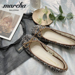 Marcha รองเท้าคัชชูผู้หญิงส้นแบนสไตล์ชาแนลบัลเลต์หัวกลมติดโบว์รองเท้าคนขี้เกียจพื้นนิ่มส้นแบนแมทช์ลุคง่าย