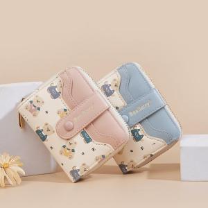 Fan Element Cute Fashion Bear Print Multi-Functional Short Wallet Female Niche Style Contrast Color Student Coin Purse