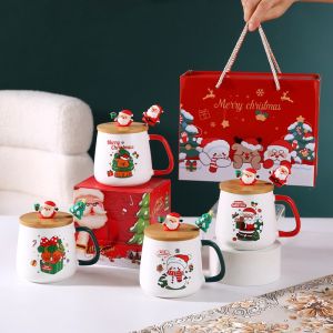 Hot Selling Christmas Ceramic Mug Cup with Lid and Spoon Christmas Gift Set Coffee Cup in Gift Box Festive Theme Ceramic