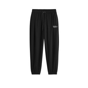 Peacebird Mens Summer Casual Pants Texture Black Drawstring Straight Leg Sporty Trousers Fashionable Cuffed Trousers