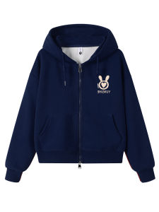 Womens Zipper Hoodie Jacket Spring Autumn Blue Short Style Fashionable Comfortable Cotton Blend Korean Style Cardigan