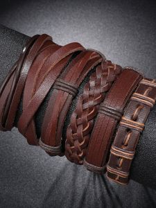 Simple Handmade Woven Brown Leather Men Bracelet Punk Artsy Retro Pull Adjustment Carrying Strap Bracelet Suit