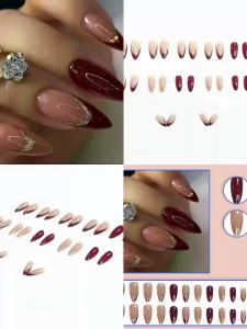 Medium fake nails for women french style nude almond nail tips with black star red colors sparkling golden strips press on nail