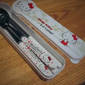 Hello Kitty Sanrio Metal Spoon Fork Chopsticks Tableware Cute Kawaii Anime Cartoon 304 Stainless Steel PU Storage Bag Baby Gift