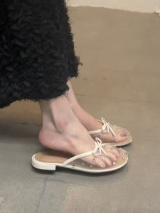 French Style Mesh Hollow Slip-On Summer Sandals Womens Flat Bottom Clog Shoes Butterfly Knot Casual Fashion Single Shoes