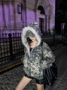 Roy11 American Retro Raw Edge Patchwork Distressed Camouflage Hooded Outwear Loose Winter Casual Jacket Cotton Jacket Top