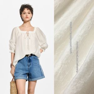 BEIQIANI | Minimalist Square Collar Textured Puff Sleeve Hollow Lace Short Sleeve Summer Shirt