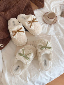 Giày Lông Thỏ Phong Cách Tiên Nữ Hàn Quốc Cho Nữ Dép Lót Cotton Mùa Đông Dép Lót PVC Chống Trượt Dây Thắt Nơ Dép Lót Trong Nhà