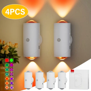 4PCS Smart LED Night Light with Motion Sensor USB Rechargeable RGB Gradient Ambient Lamp for Bedroom Desk Closet Decor Wall Lamp