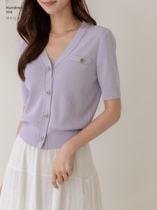 BAILUOANN | Bailuan Elastic Comfortable V-neck Short Sleeve Lenzing Knitted Cardigan Women Summer New Style Small Fragrance Style Short Thin Top