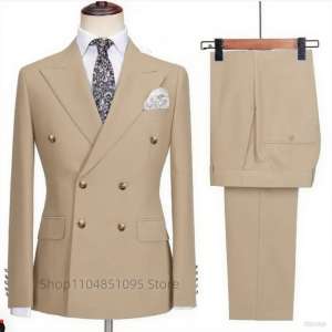 Khaki Mens Smart Casual Suits Fashion Formal Business Wedding Groom Tuxedos Peak Lapel Double Breasted Jacket And Pants