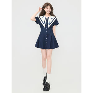 KEIKO | Preppy College Style Embroidery Sailor Collar Single Button Pleated Waist Short Dress