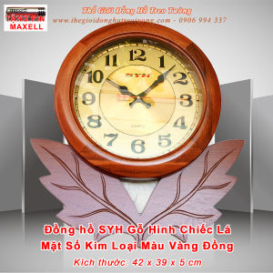 Đồng Hồ Treo Tường GỖ Hình LÁ CÂY và BÔNG HOA SYH – Máy Đồng Hồ Kim Trôi Nhật – Mặt số Vàng Đồng – Bảo Hành 2 Năm - Tặng Pin Maxell