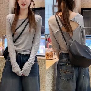 Gray Modal Cotton Long Sleeve T-Shirt Womens Loose Fit Thin Design Back Hollow out Summer Top Korean Style Breathable Comfortable