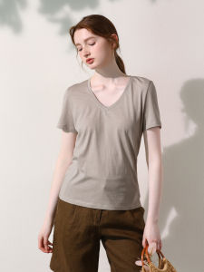 Miccbeirn | Silk Long Staple Cotton Saree V-neck T-shirt Short Sleeve Womens Basic Summer Top Pure Color White Enhancing Short T-shirt