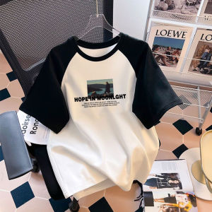 Áo Thun Cotton Nam Tay Ngắn Mùa Hè Mới Màu Tương Phản Nối Dài Dáng Rộng Phong Cách Thường Ngày in Họa Tiết Thời Trang