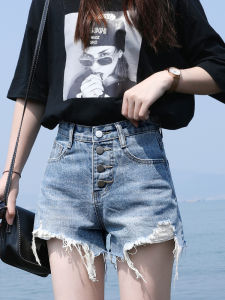 กางเกงขาสั้นผ้ายีนส์เอวสูงสำหรับผู้หญิง กางเกงขาสั้นทรงเอพร้อมร่องรอยการซักแบบใหม่สำหรับฤดูร้อนปี 2025 ไซส์ใหญ่ กางเกงขายาวทรงเข้ารูป