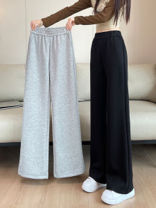 Gray Sporty Wide Leg Pants Womens Spring Autumn New Style Fleece Lined Straight Cut Casual Sweatpants High Waist with Pockets