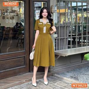 Đầm thiết kế BEMINE cổ V phối sọc dáng dài phù hợp đi làm đi chơi-MT9829